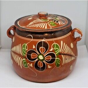 Vintage Tlaquepaque Mexican Redware Pottery Bean Pot w/ Lid 8.5” Hand Painted